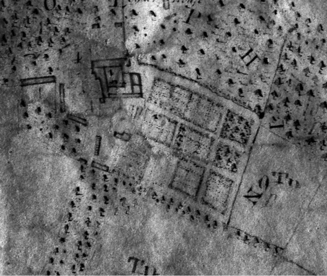 Detail of the 1786 survey plan showing the house and Great Garden at Godolphin – see Journal cover for the plan in colour (Reproduced by kind permission of the Cornwall County Record Office, Truro) (Photograph: author, 2008