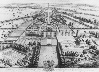 Wimpole Hall, Cambridgeshire, 1707 – engraving by J. Kip after L. Knyff showing the formal gardens laid out by the second Earl of Radnor